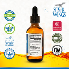 Amber glass bottle of Natural Path Silver Wings Colloidal Silver 500ppm side view