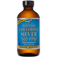Amber glass bottle of Natural Path Silver Wings Colloidal Silver 500ppm 8 oz