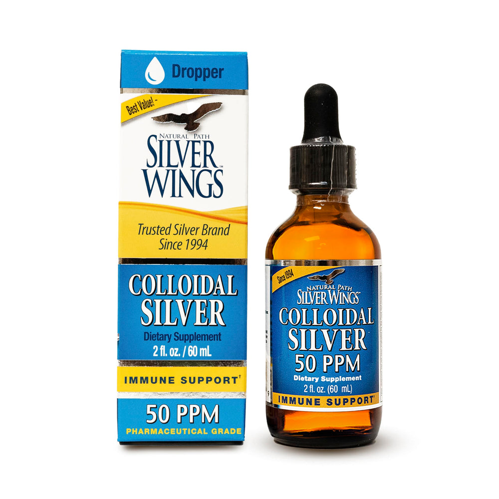 Bottle of Natural Path Silver Wings colloidal silver 50ppm in a 2 oz amber glass bottle