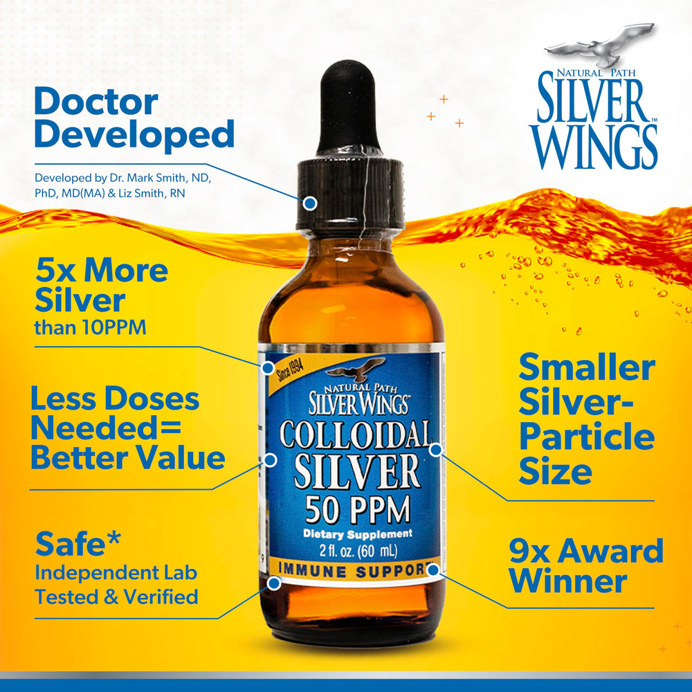 Amber glass bottle with Natural Path Silver Wings colloidal silver 50ppm label