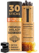 Natural Shilajit Honey Sticks box and sticks on a light background