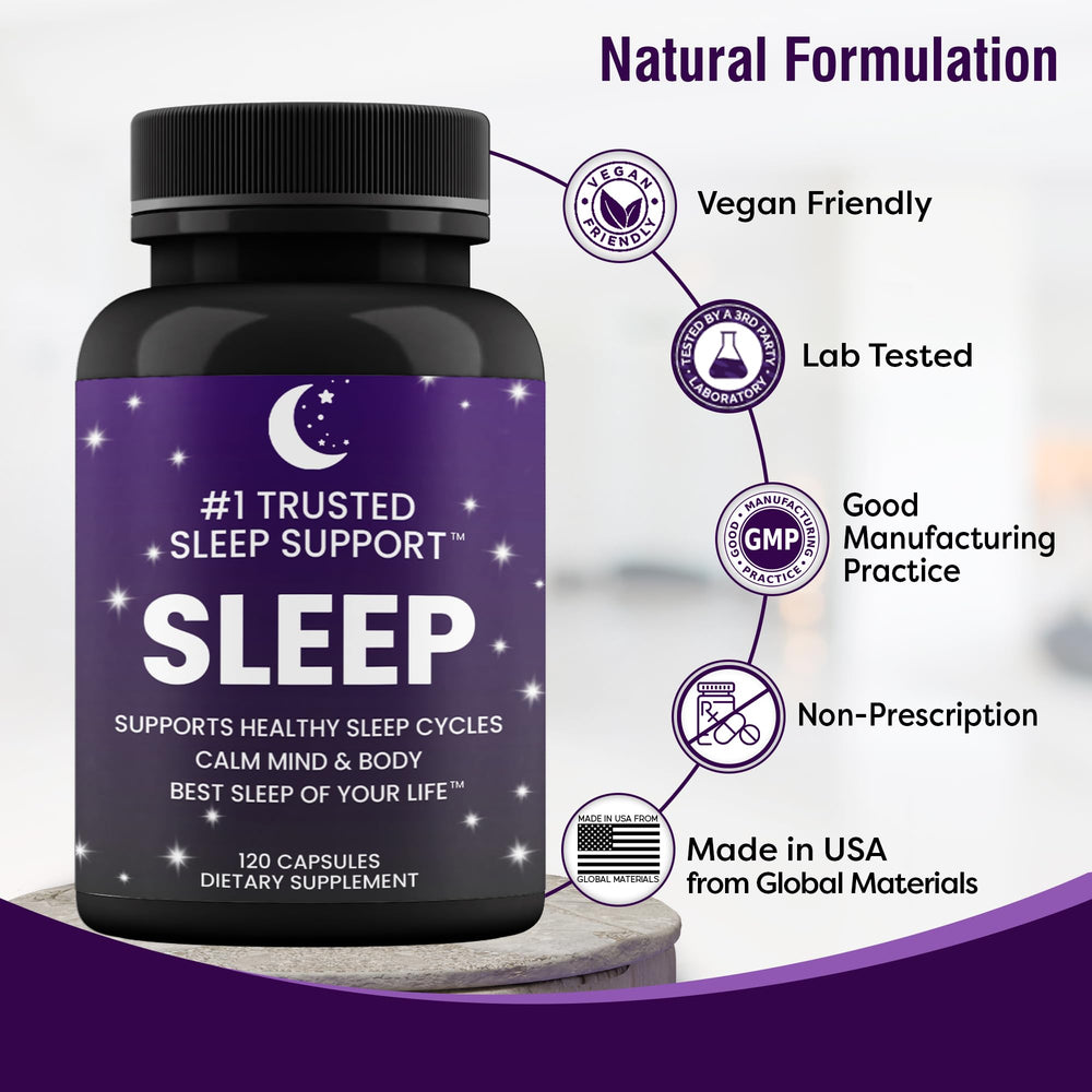 Ingredient highlights showing Valerian Root, GABA, 5-HTP, and Melatonin