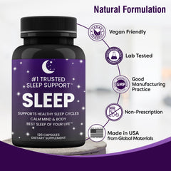 Ingredient highlights showing Valerian Root, GABA, 5-HTP, and Melatonin