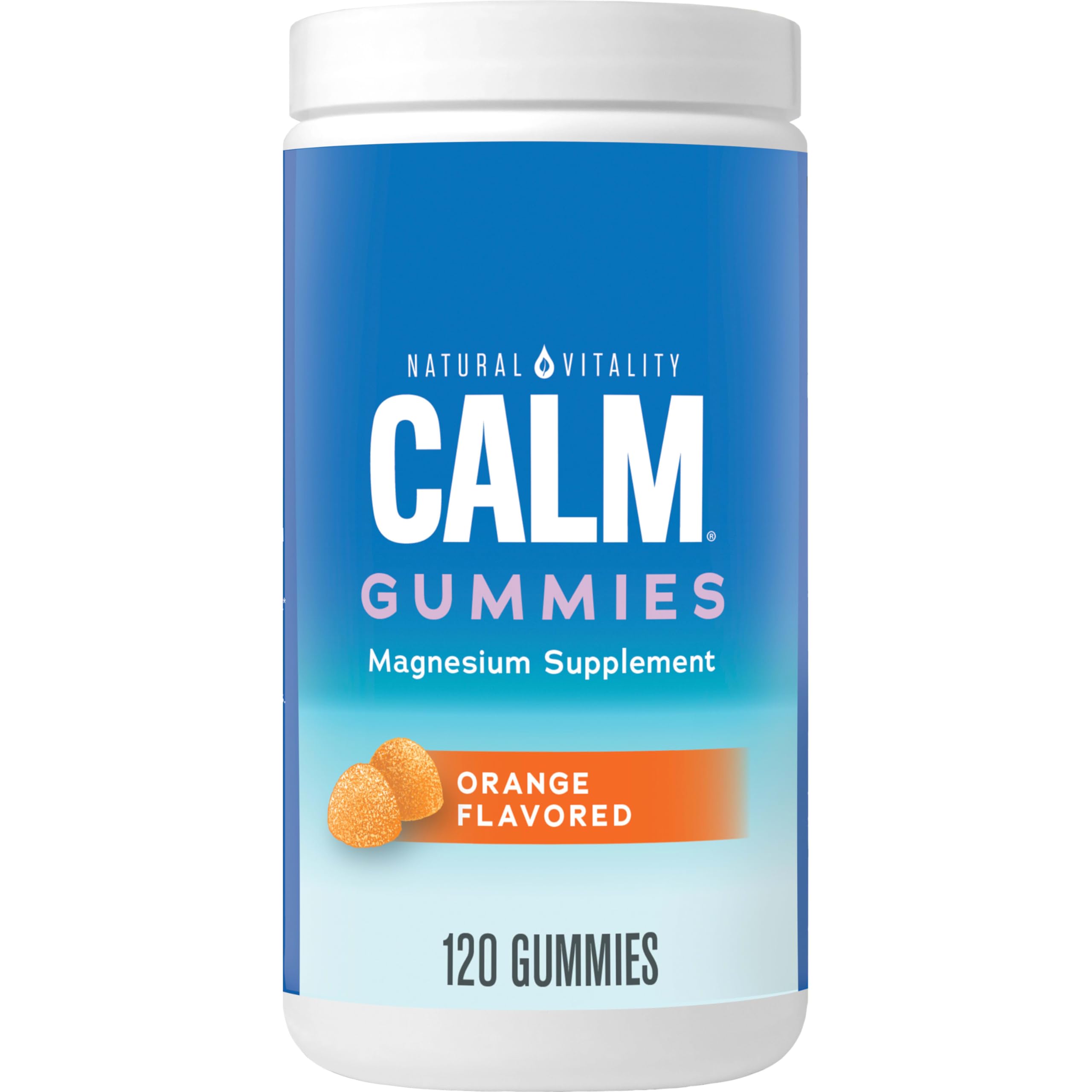 Natural Vitality Calm Magnesium Gummies bottle with orange flavor label Natural Vitality Calm Magnesium Gummies bottle with orange flavor label