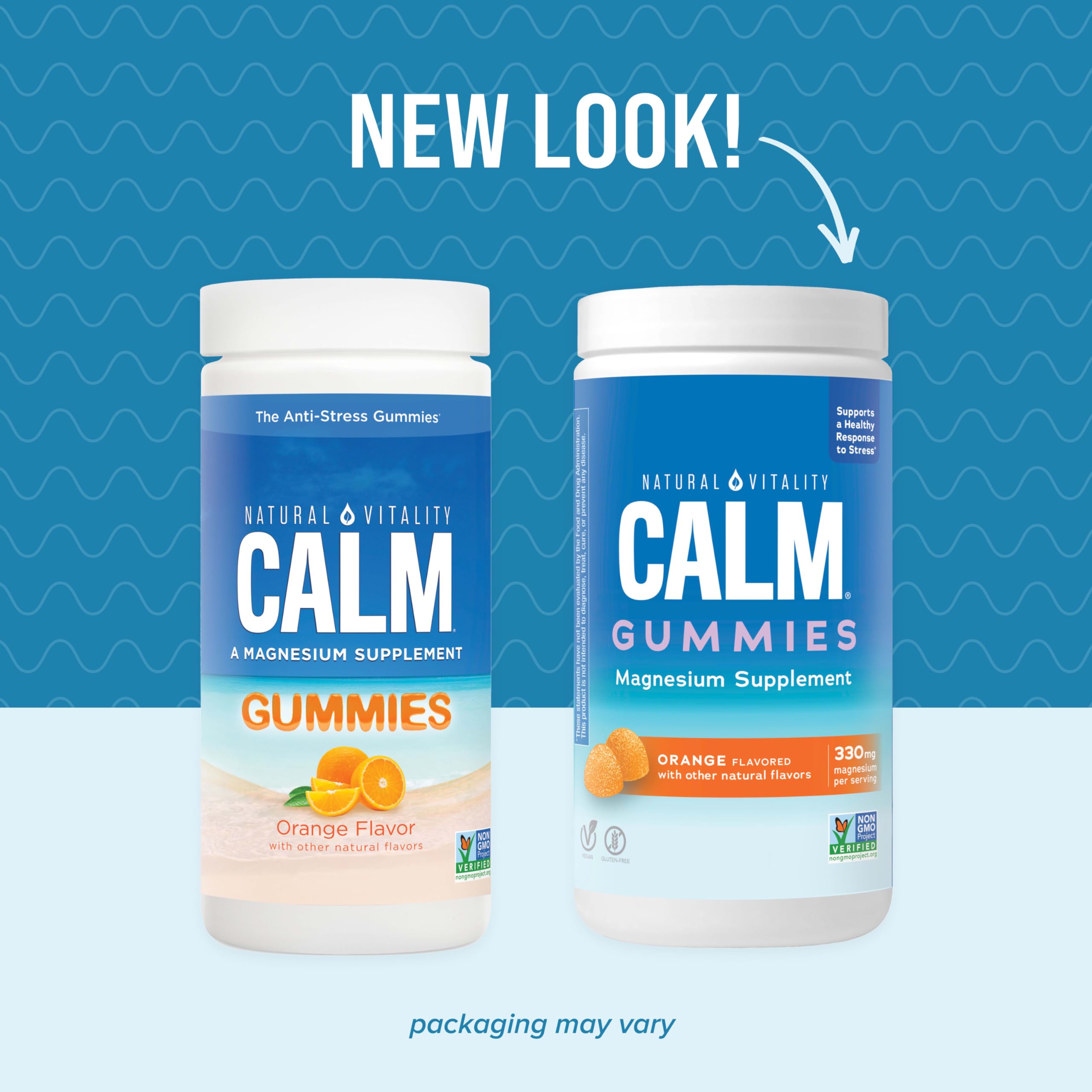 Orange-flavored Calm Magnesium Anti-Stress Gummies spilling from bottle Orange-flavored Calm Magnesium Anti-Stress Gummies spilling from bottle