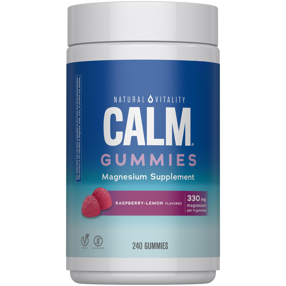 Natural Vitality CALM gummies bottle front with raspberry lemon flavor for daily mood balance.