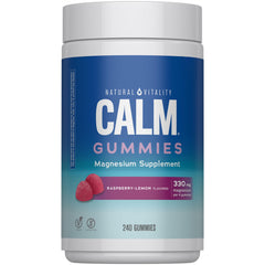 Natural Vitality CALM gummies bottle front with raspberry lemon flavor for daily mood balance.