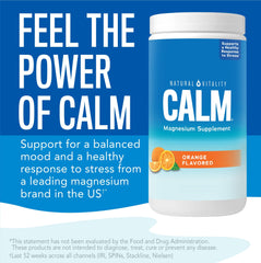 Close-up of product label highlighting CALM magnesium and orange flavor