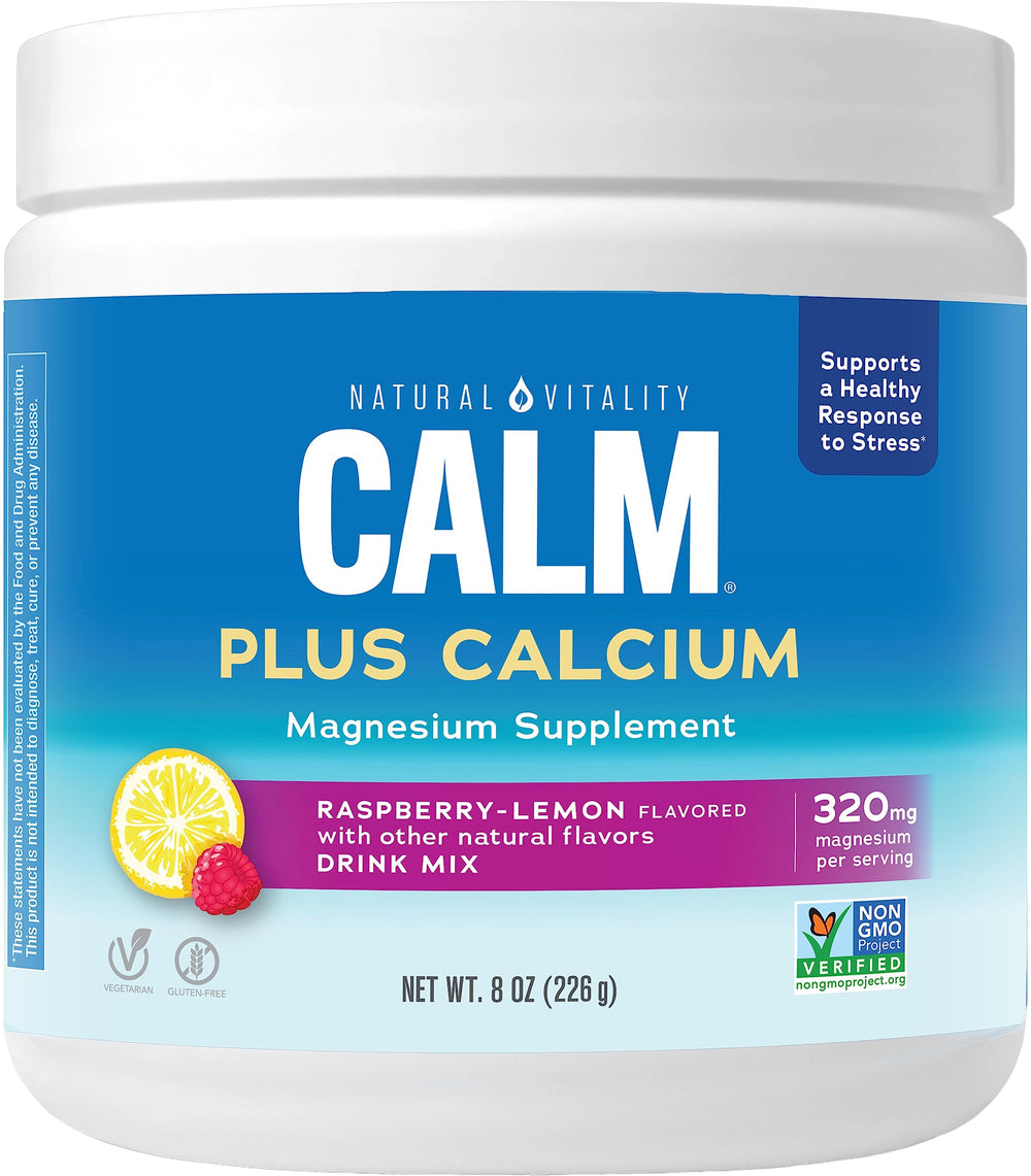 Front view of Natural Vitality CALM Raspberry Lemon Magnesium Drink Mix bottle
