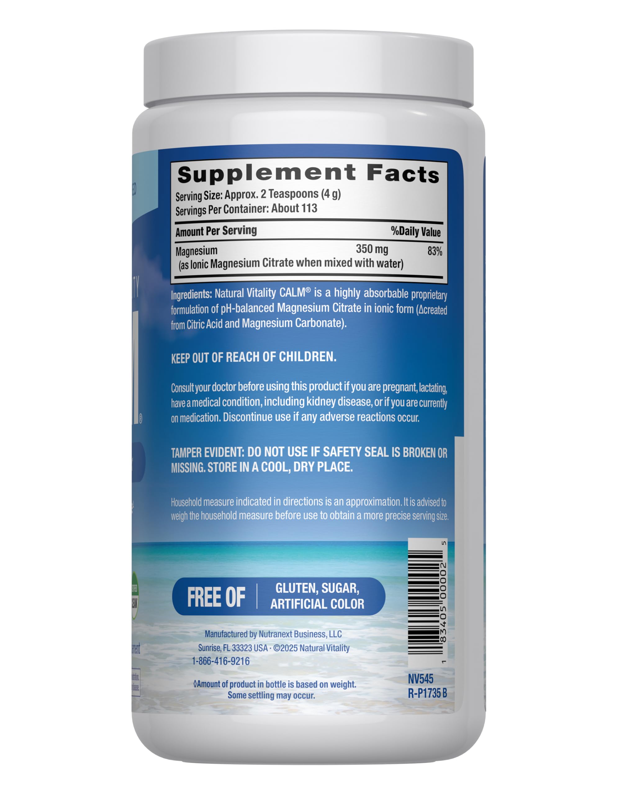 Unflavored CALM magnesium powder dissolving in water to form magnesium citrate Unflavored CALM magnesium powder dissolving in water to form magnesium citrate