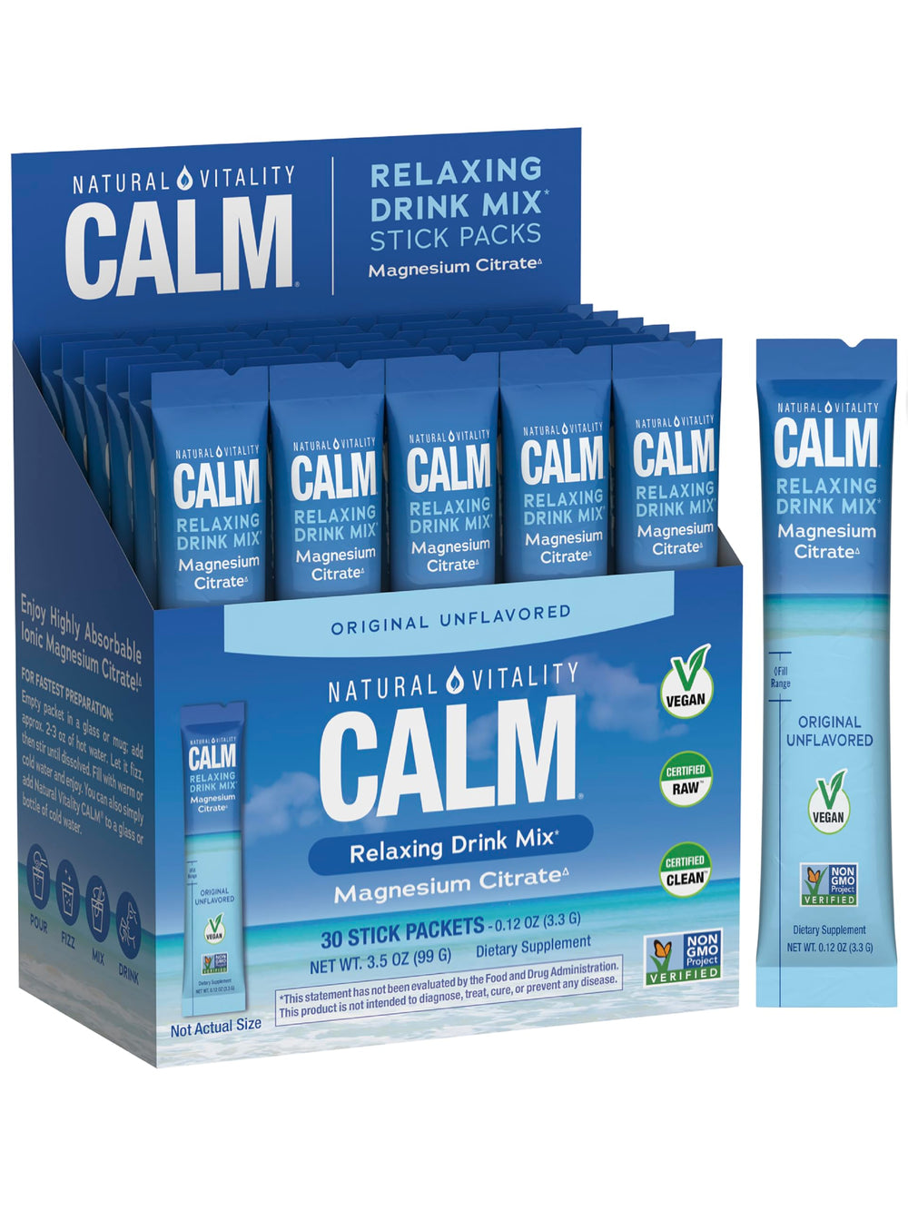 Natural Vitality Calm magnesium powder packaging with unflavored packets