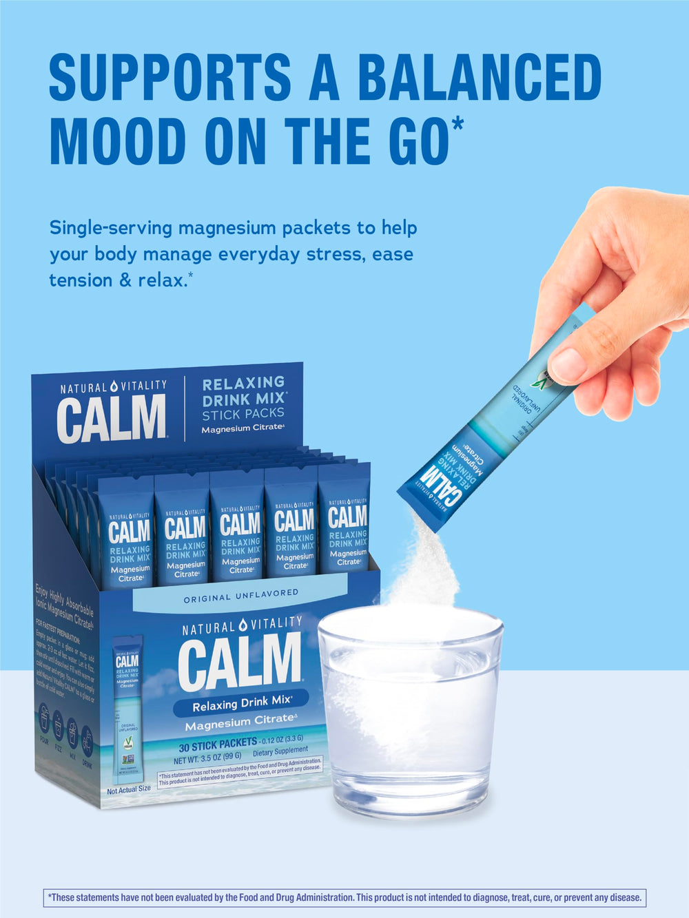 Front view of Calm magnesium powder box with 30 packets