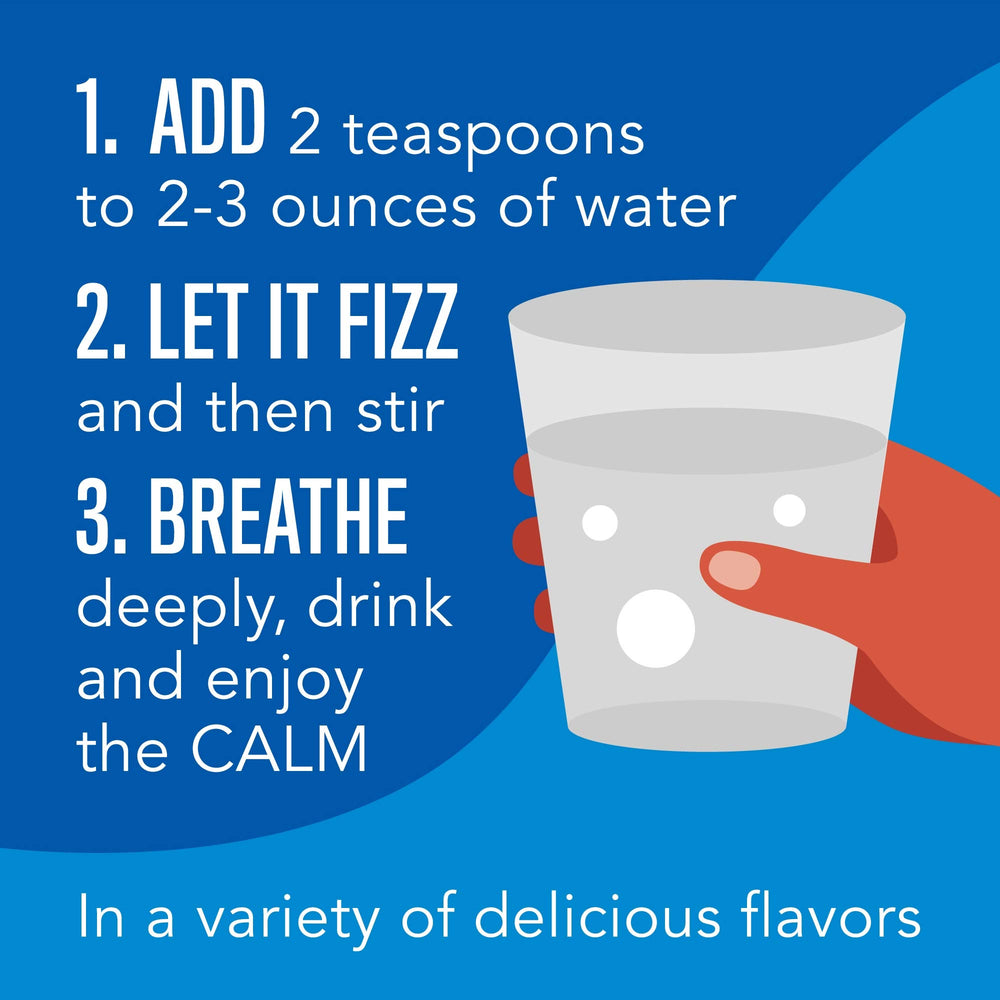 8 oz Calm Magnesium canister beside a glass of drink