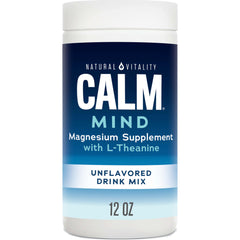 Front view of Natural Vitality CALM Mind magnesium citrate + L-theanine powder in a 12 oz jar