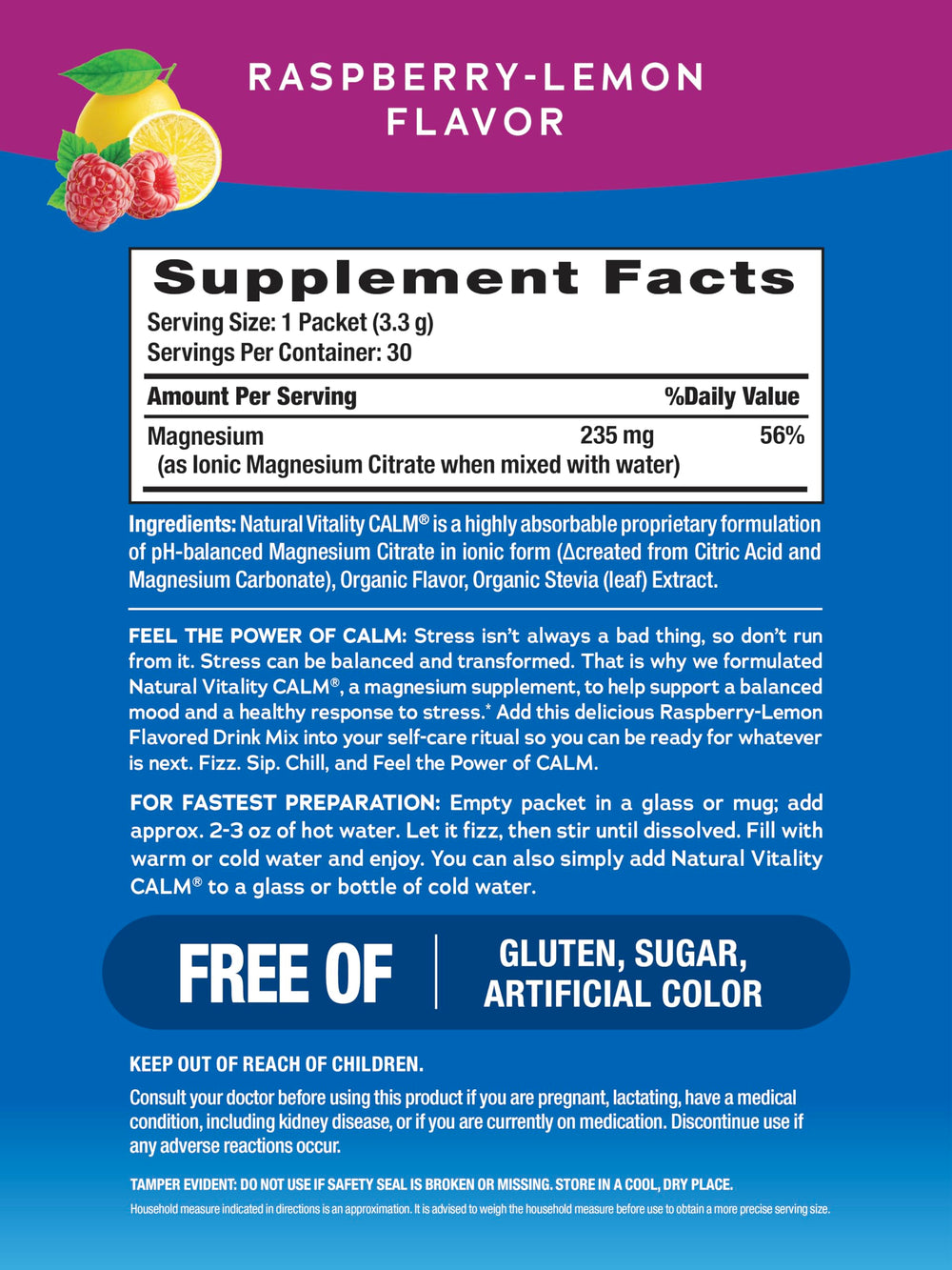 CALM Raspberry Lemon single-serve drink mix packets dissolving in water