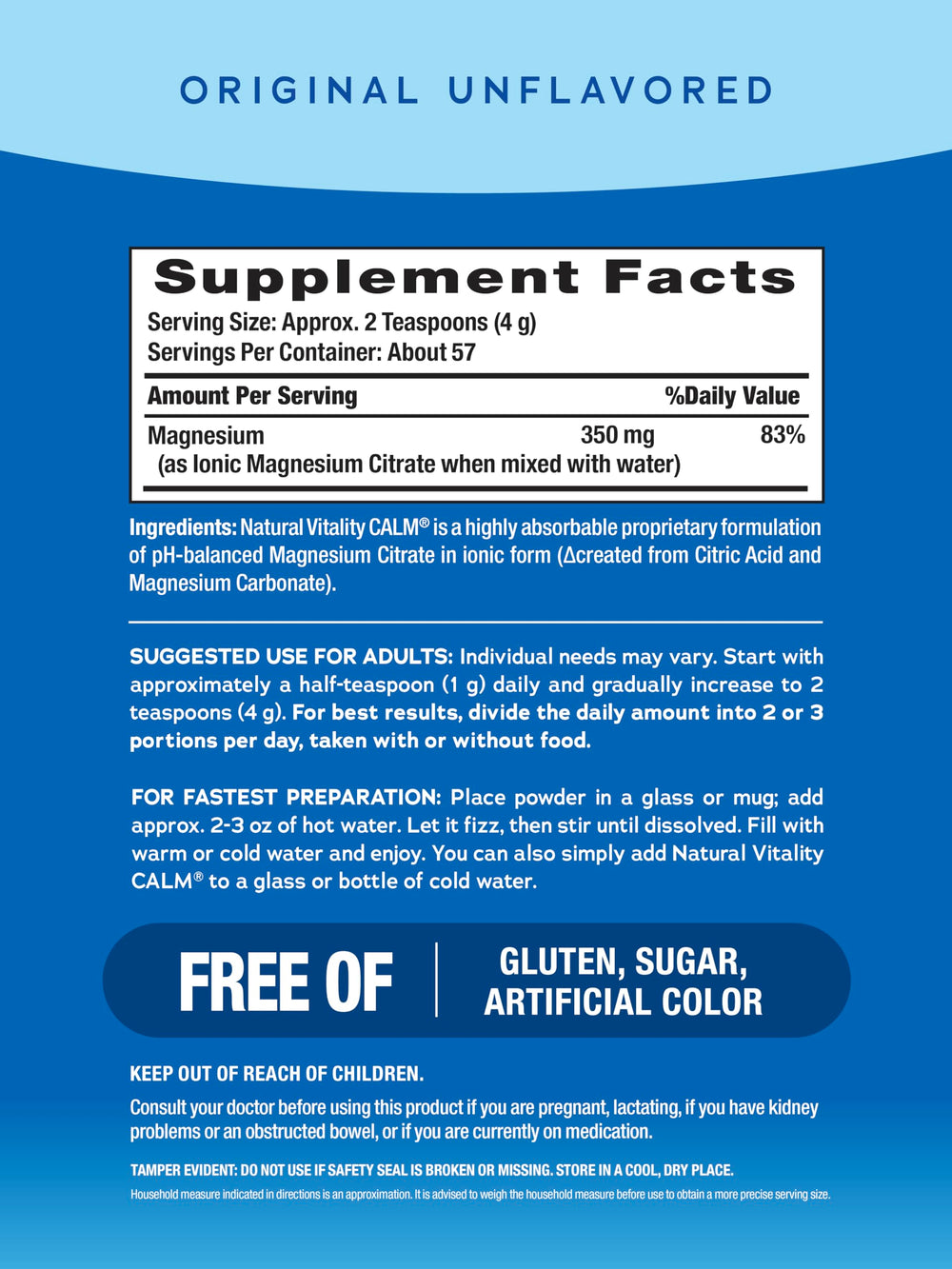 NATURAL VITALITY Original Calm Magnesium Drink Mix 8 oz back view with nutrition facts