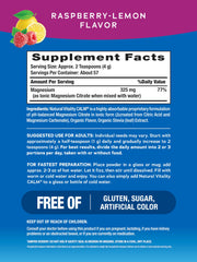 Close-up of Raspberry Lemon Calm magnesium drink mix packaging
