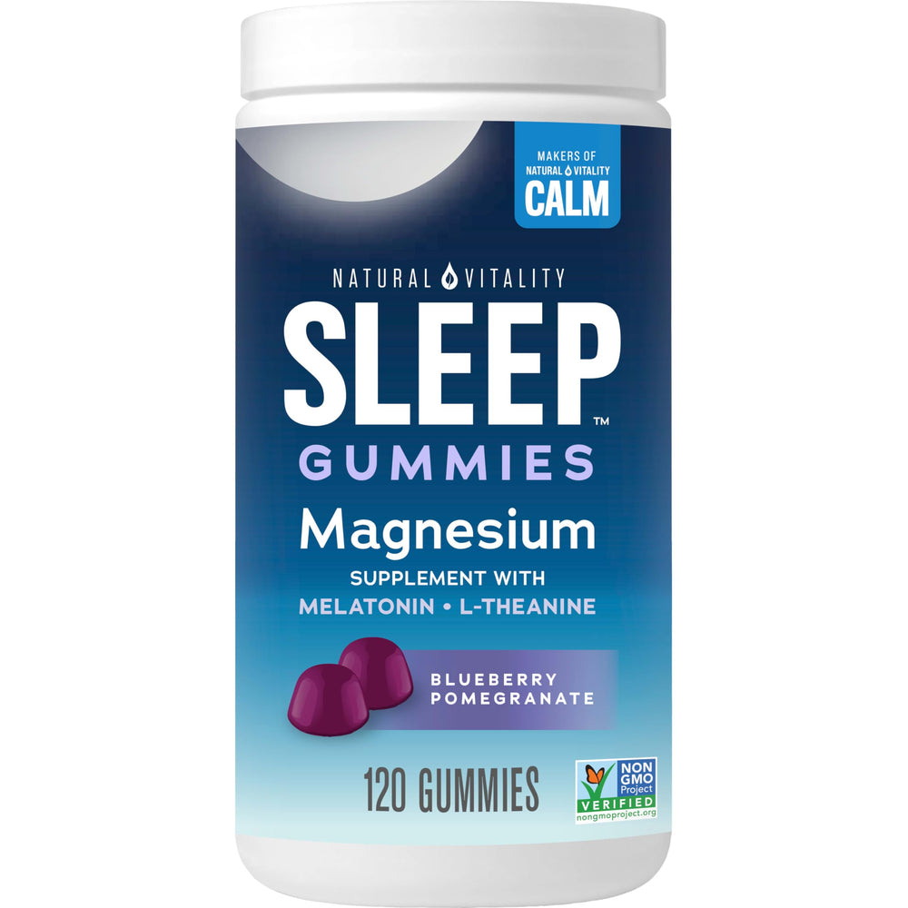 Natural Vitality SLEEP Gummies bottle with blueberry pomegranate label