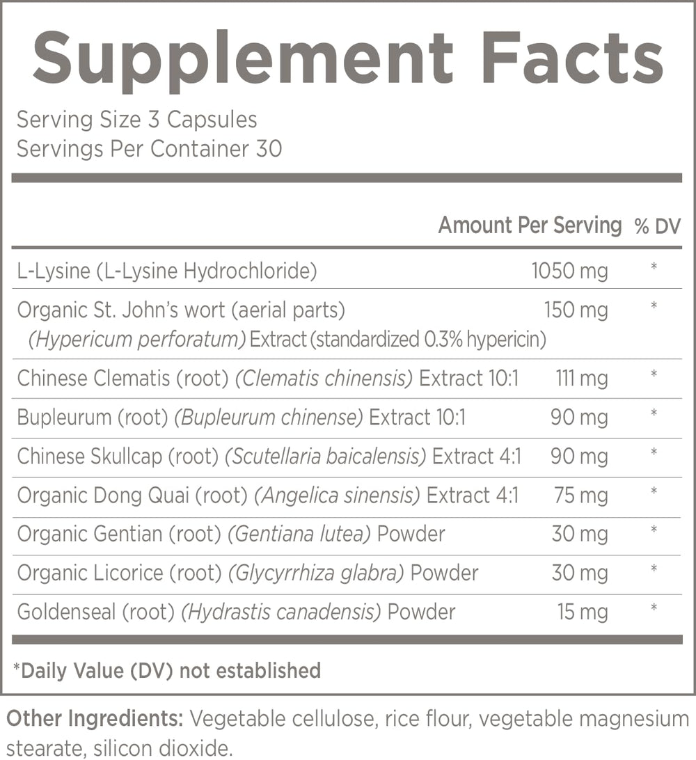 Front label of Trilex Essentials herbal supplement with lips health imagery
