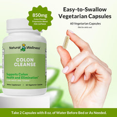 Label showing gluten-free and vegetarian formula of Natural Wellness Colon Cleanse