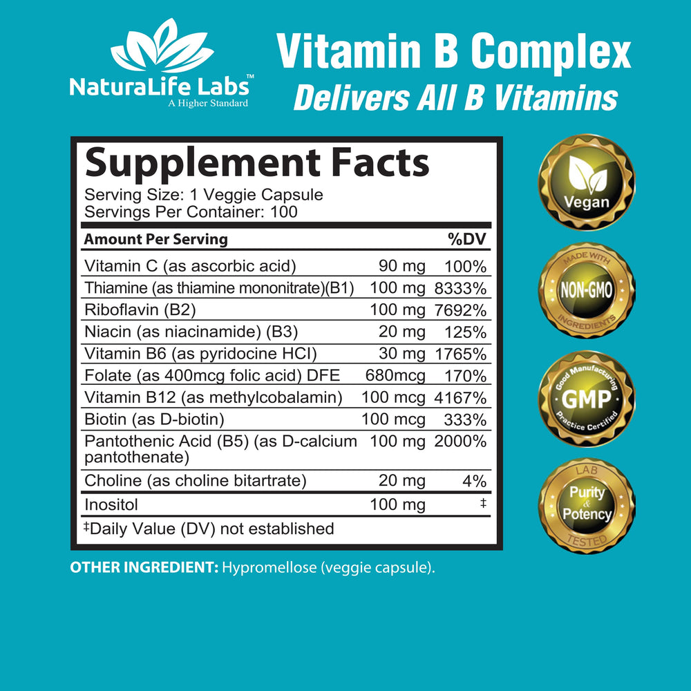 Close-up of Vitamin B-Complex capsules in a vegan capsule