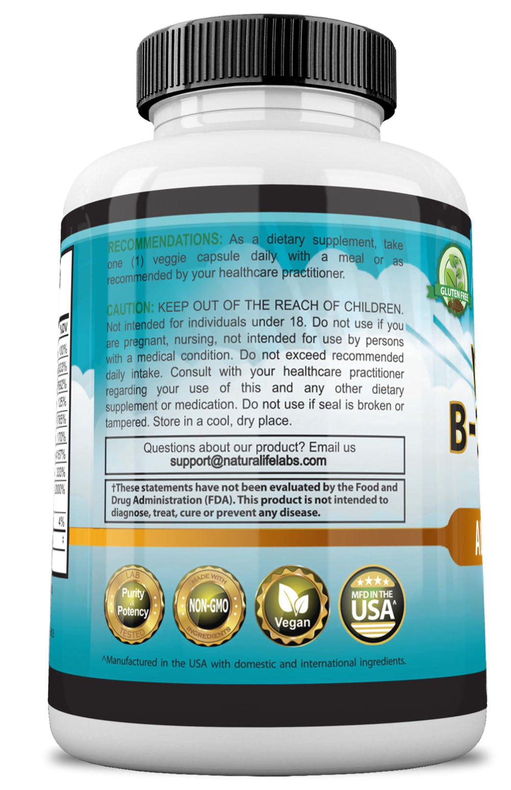 Back of bottle showing GMP-certified facility and third-party testing seal