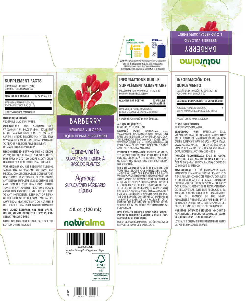 Barberry tincture drops 40 drops (2 ml) serving