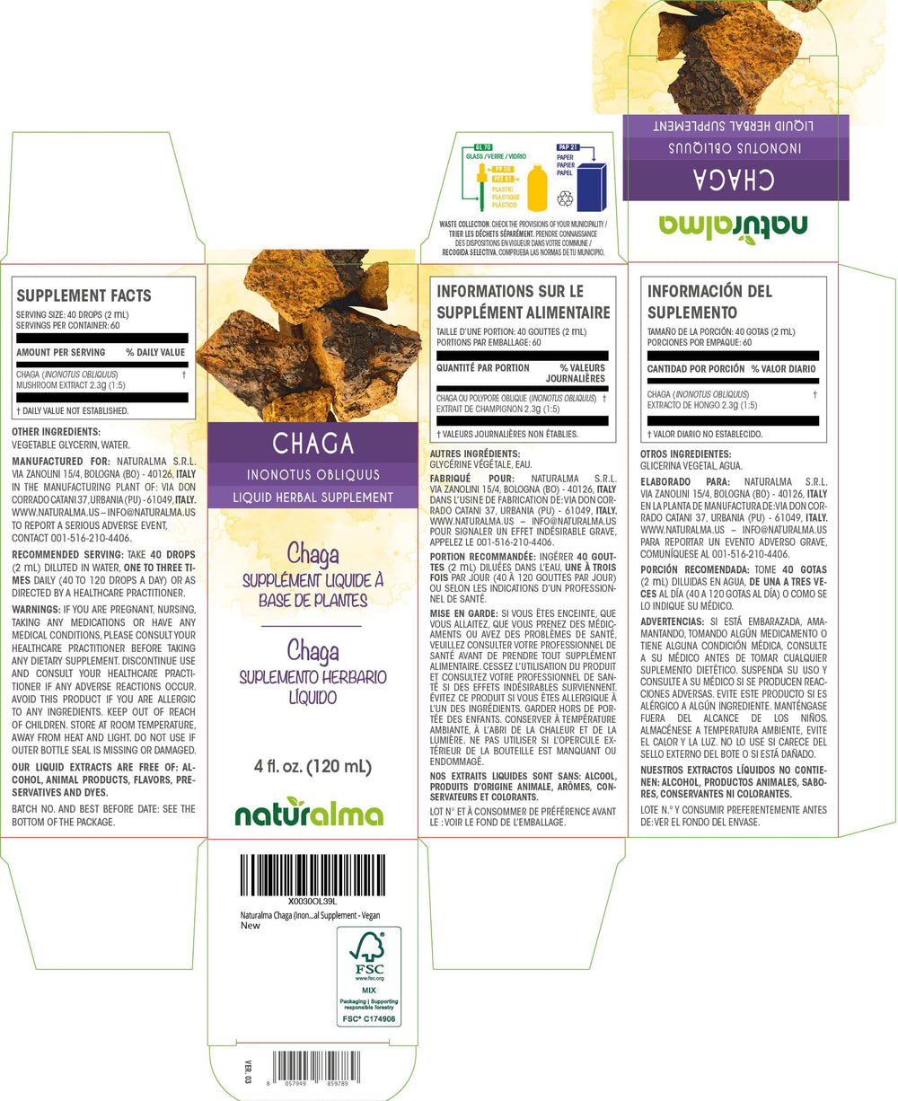 Close-up of Chaga (Inonotus obliquus) mushroom imagery on product label
