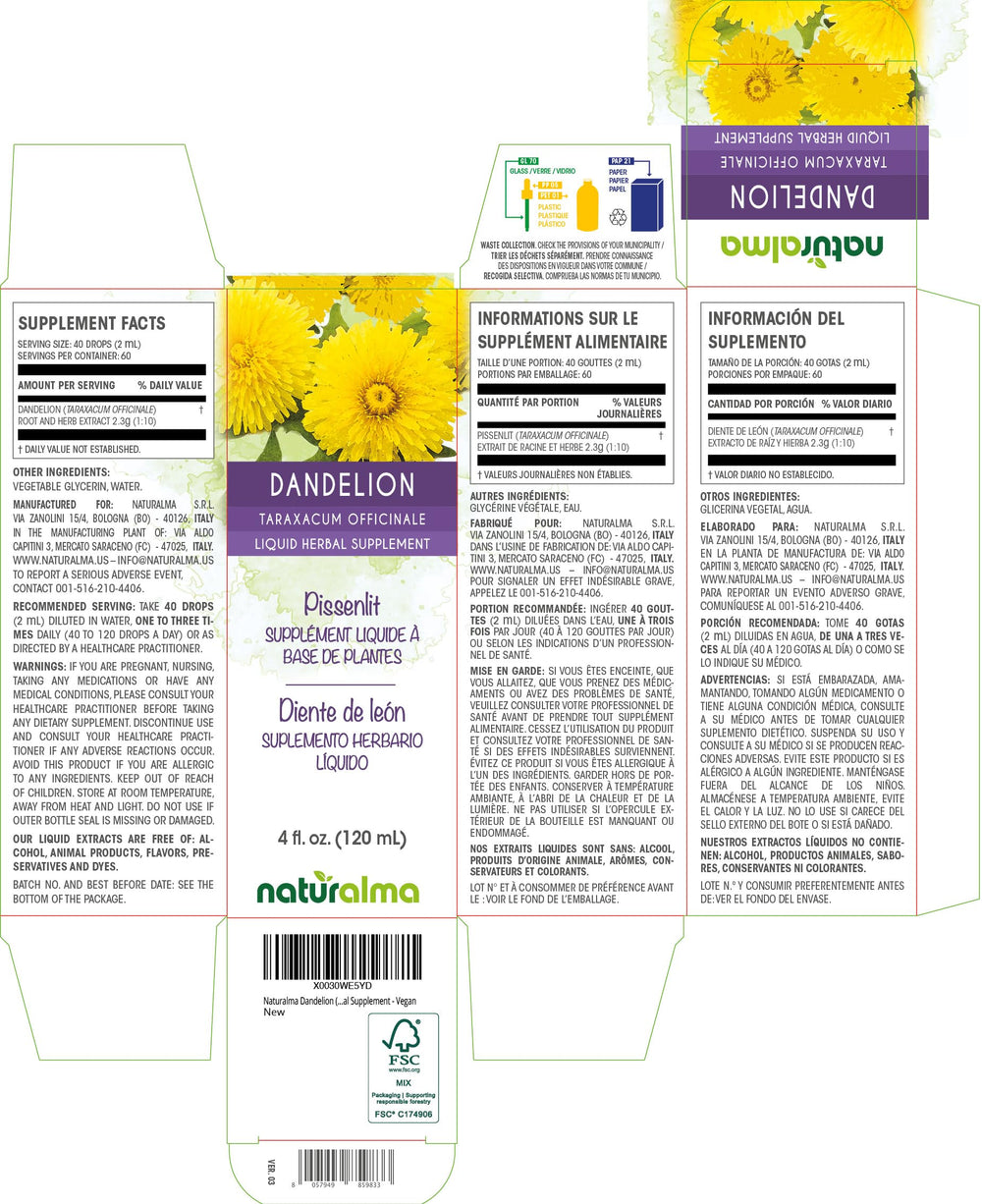 Dandelion root and herb tincture packaging 4 oz