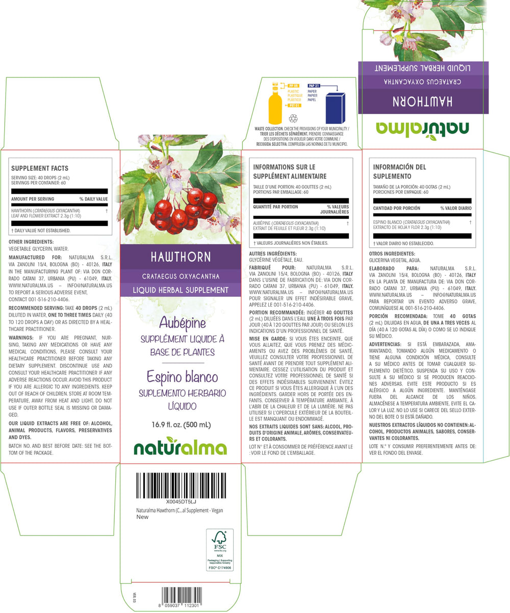 Close-up of Naturalma Hawthorn tincture bottle with leaf and flower (500ml)