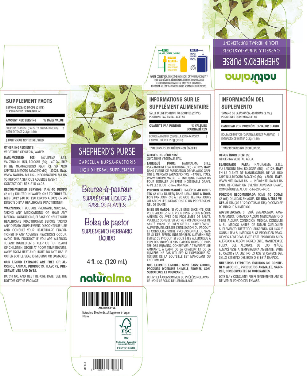 Close-up of bottle label showing Capsella bursa-pastoris and vegan claim