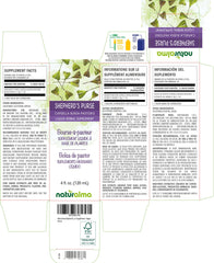 Close-up of bottle label showing Capsella bursa-pastoris and vegan claim