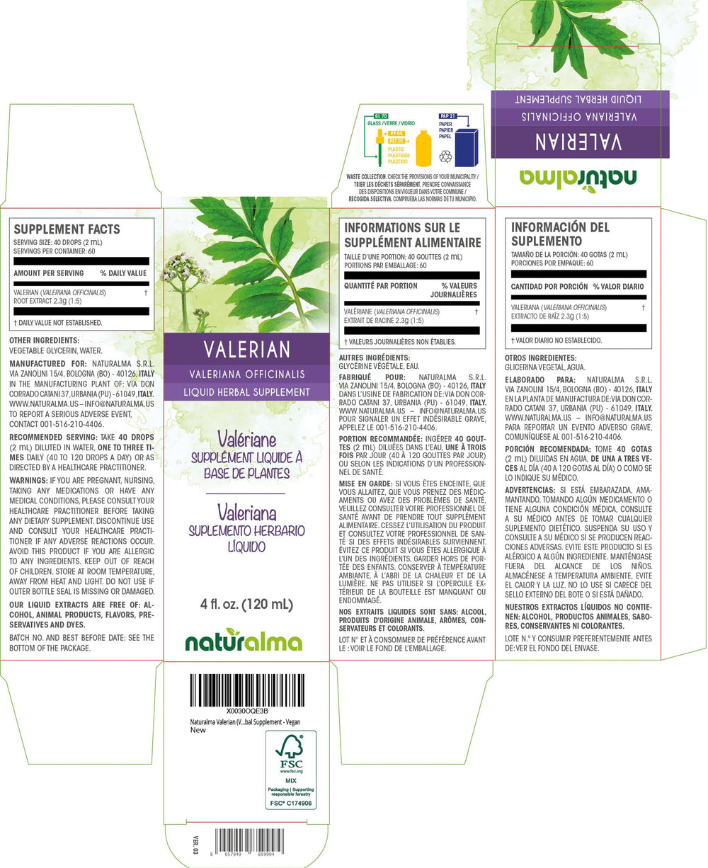 Label of Naturalma Valerian tincture 4 oz