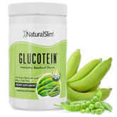 NaturalSlim Glucotein bottle and label highlighting gluten-free formula for digestive support.