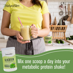 NaturalSlim Glucotein gluten-free baking setup with cookies or pancakes.