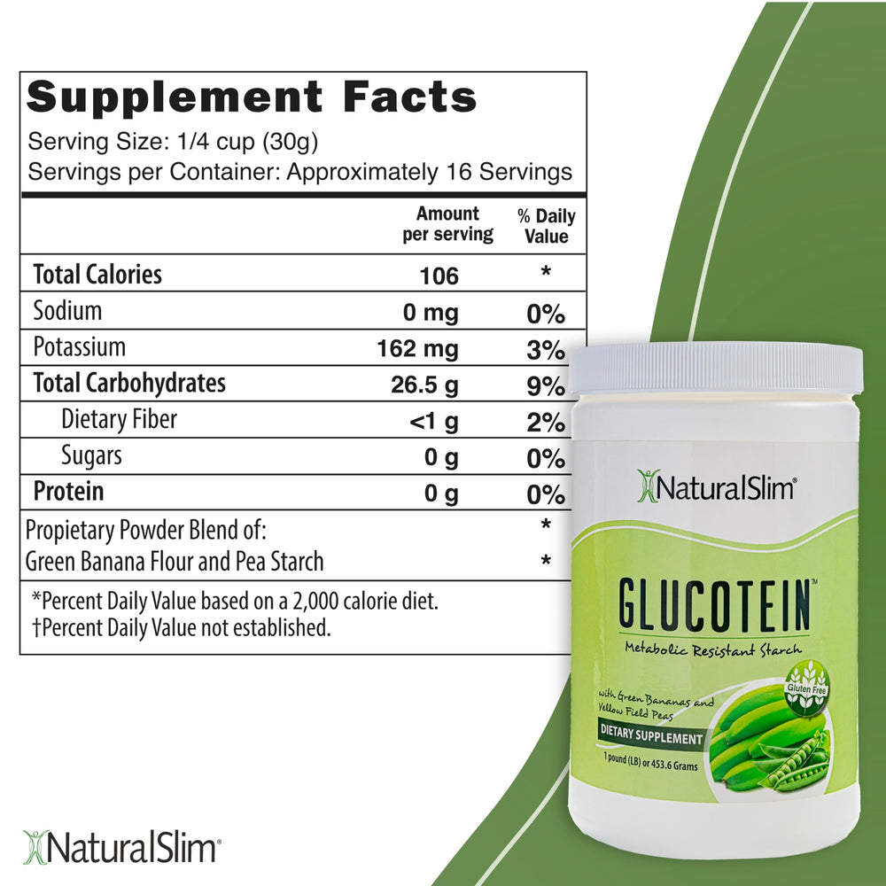NaturalSlim Glucotein green banana powder pouch shows organic ingredients and versatile use.