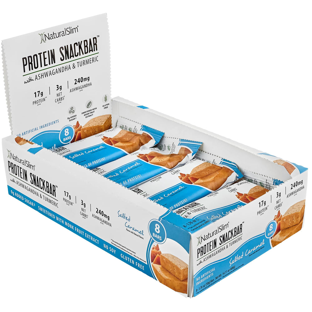 NaturalSlim protein bars with ashwagandha and turmeric, pack-front, for on-the-go energy.