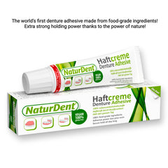 Upper and lower dentures held by NaturDent