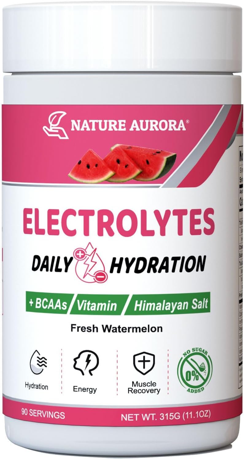 Nature Aurora watermelon electrolyte powder bottle offers refreshing hydration on demand