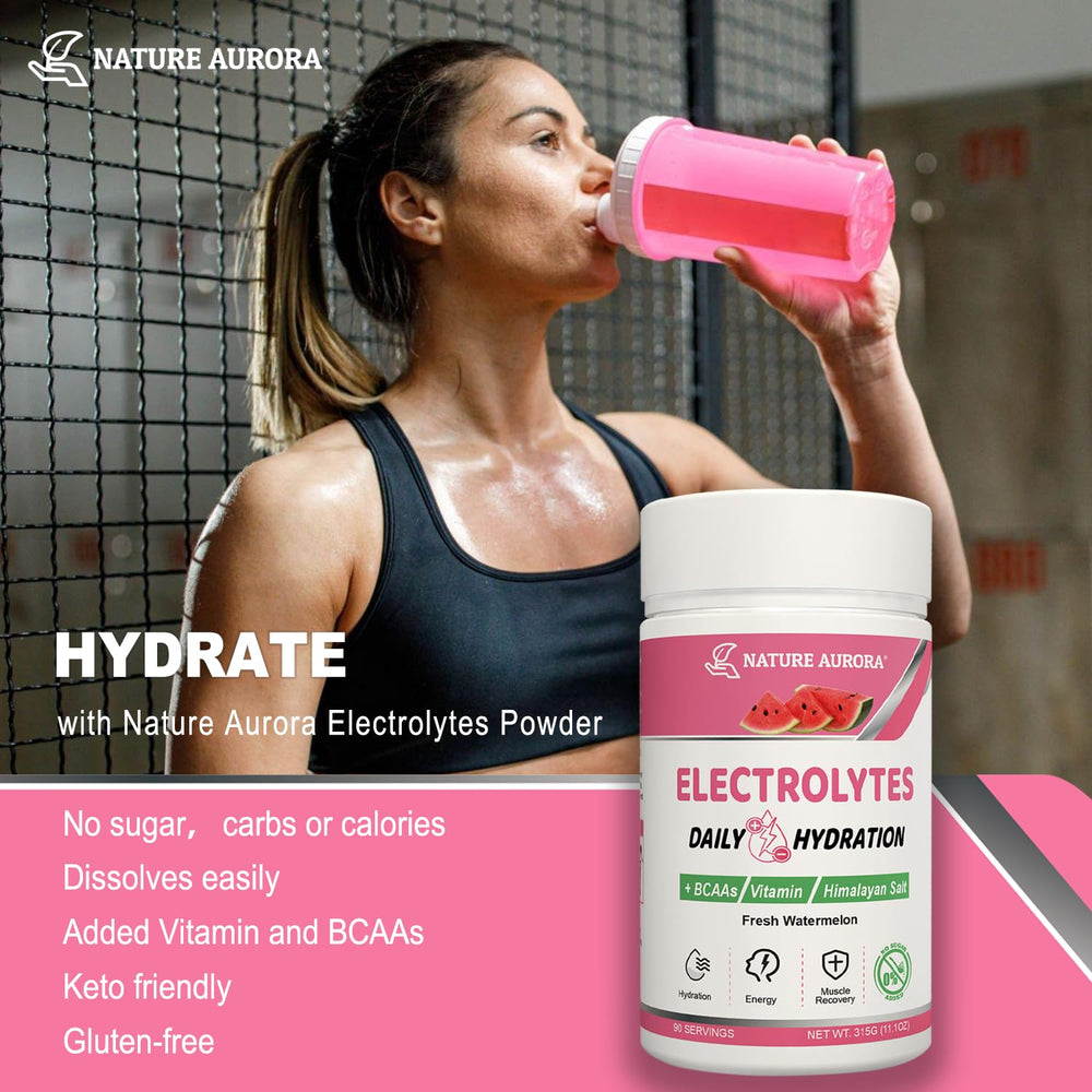 Nature Aurora watermelon electrolyte powder glass with prepared hydration, perfect post-workout