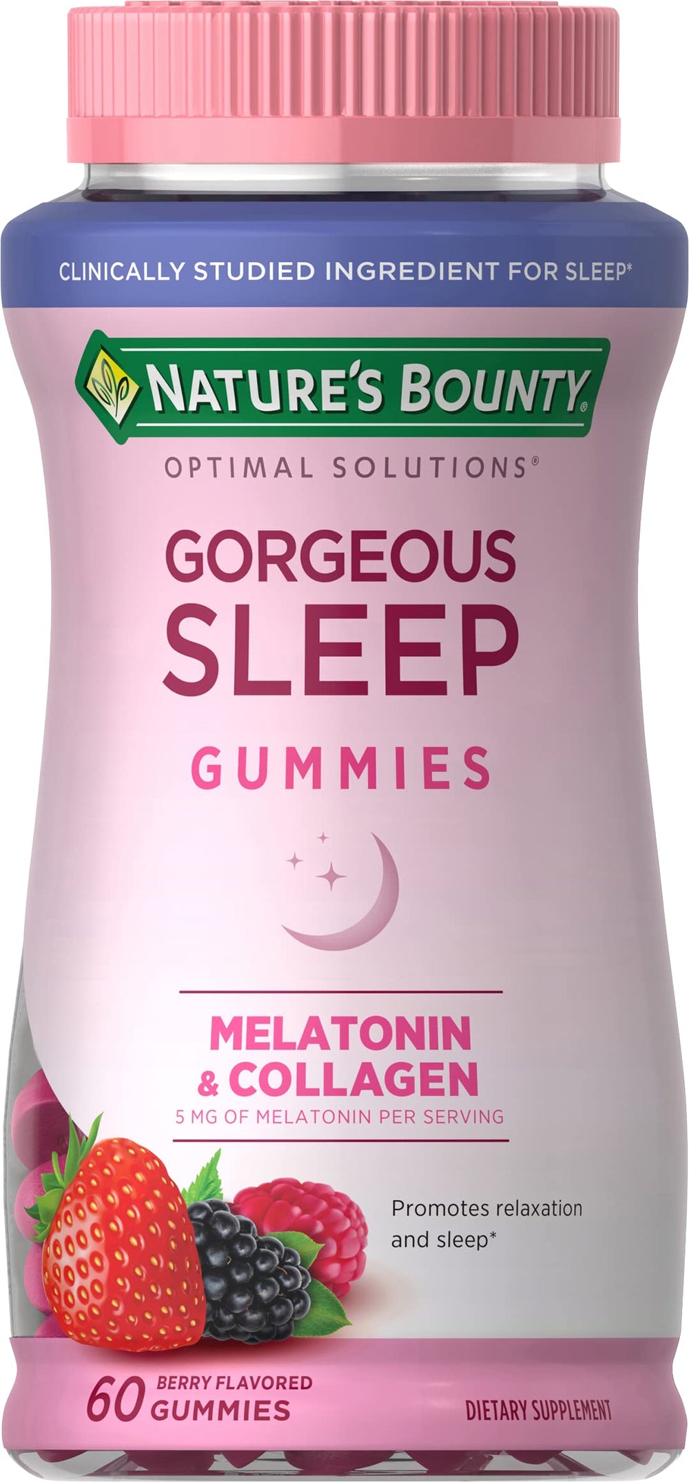 Nature's Bounty Gorgeous Sleep Melatonin 5mg Gummies with Collagen bottle front - Berry flavor