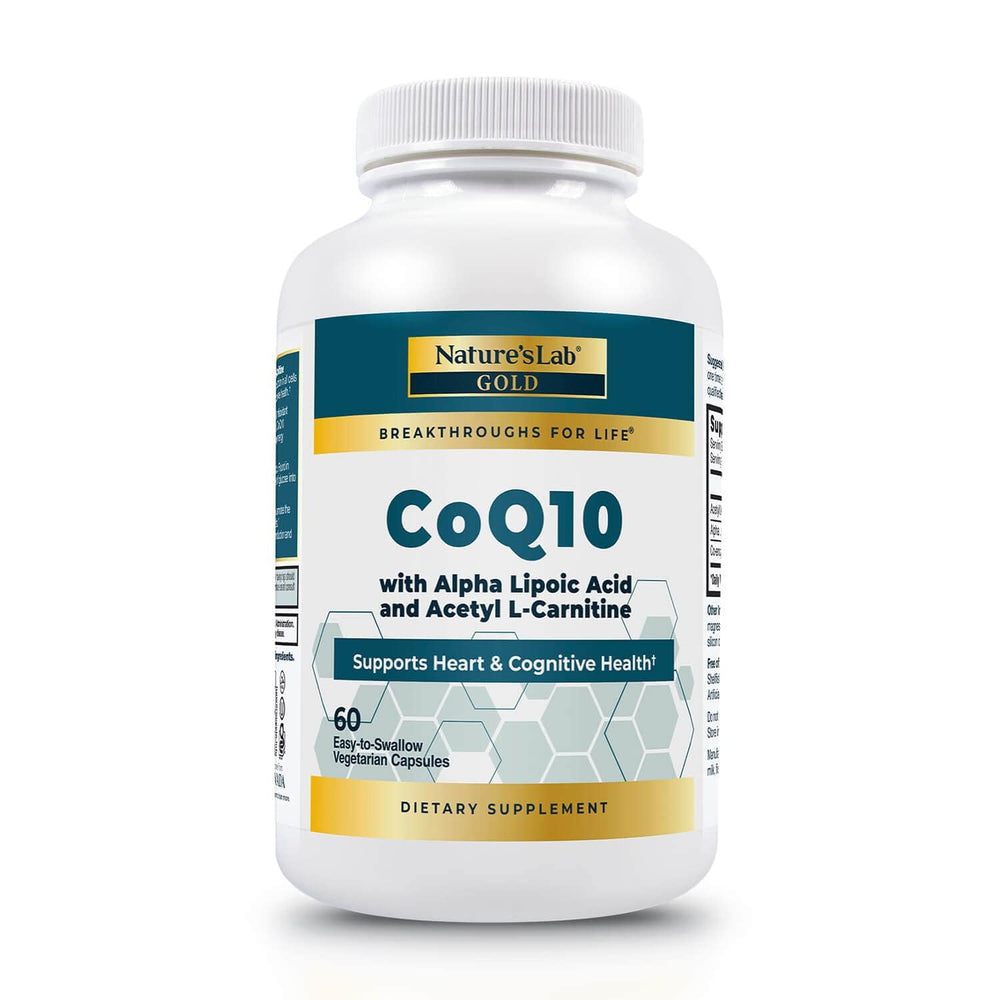 Bottle of Nature's Lab Gold CoQ10 + Alpha Lipoic Acid + Acetyl L-Carnitine HCl capsules close-up with label
