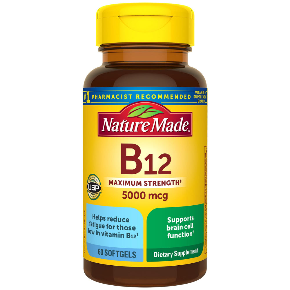 Nature Made B12 5000 mcg softgel bottle for daily energy support.