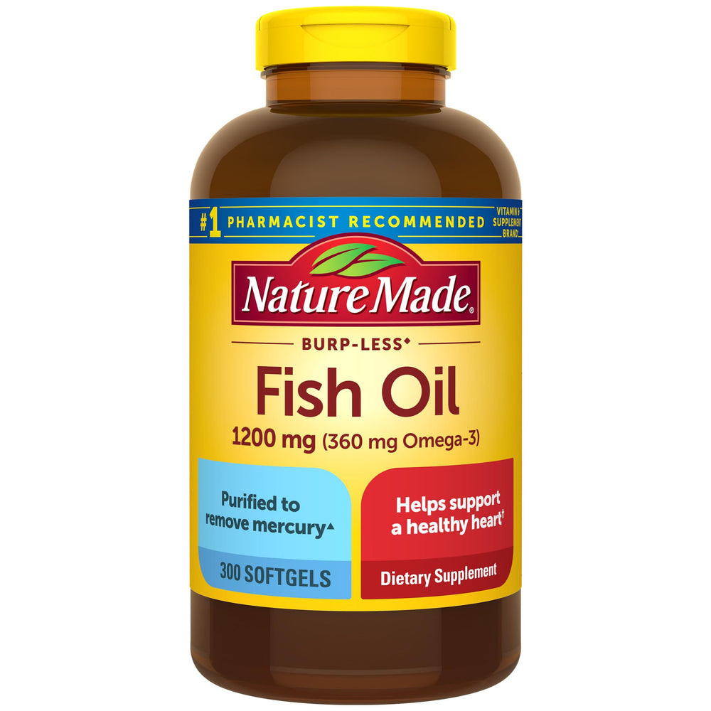 Front view of Nature Made Burp Less Omega-3 Fish Oil 1200 mg softgels bottle