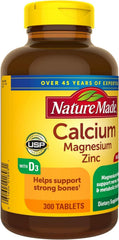 Nature Made calcium magnesium zinc tablets closeup showing the label