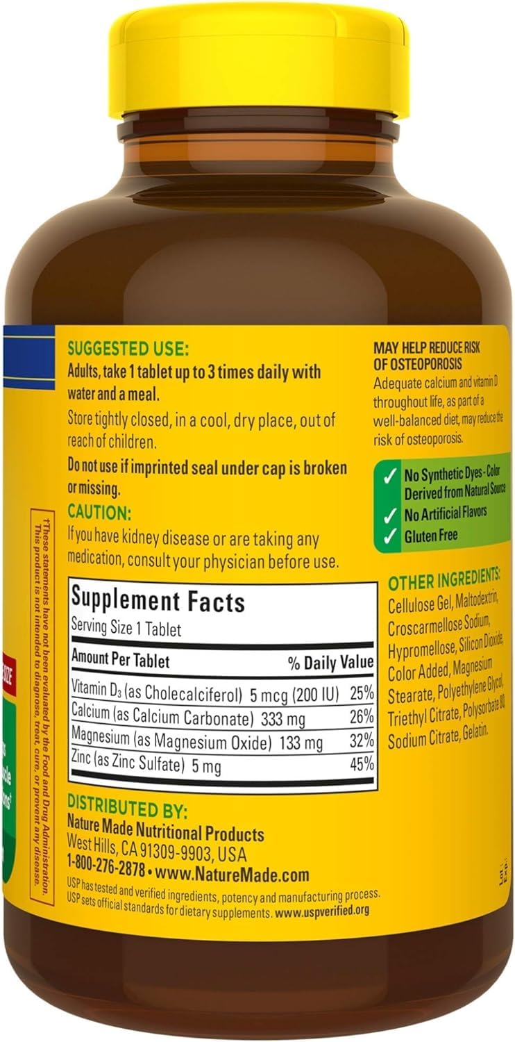 Back label of Nature Made Calcium Magnesium Zinc with Vitamin D 3-pack bottle