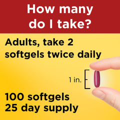Dosage guide showing two softgels twice daily with water