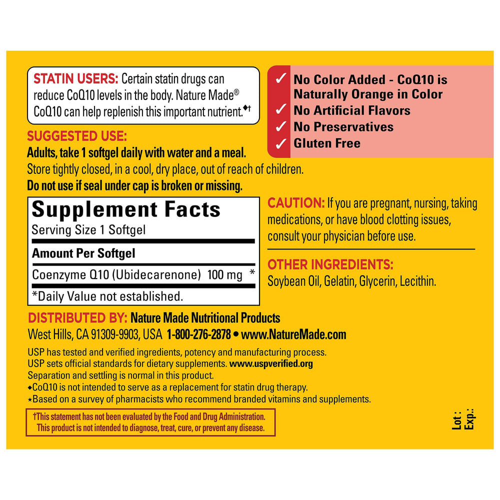 Backside of Nature Made CoQ10 bottle showing ingredients