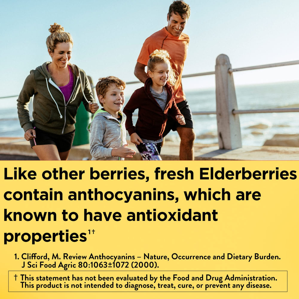 Close-up of Nature Made elderberry immunity gummies with Vitamin C and Zinc.