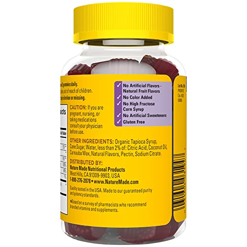 Nature Made branding on elderberry gummy bottle with vitamin C and zinc.